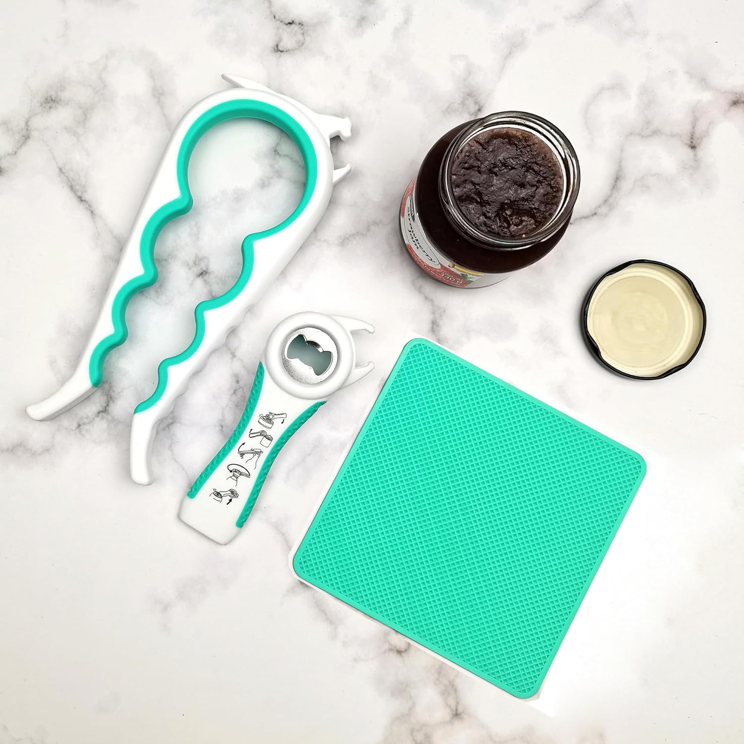 3 Pcs Multi-Function Jar Opener Set, 5 in 1 Can Bottle Opener for Weak Hands Elderly Arthritis, Kitchen Tool with Non-Slip Rubber Jar Gripper Pad