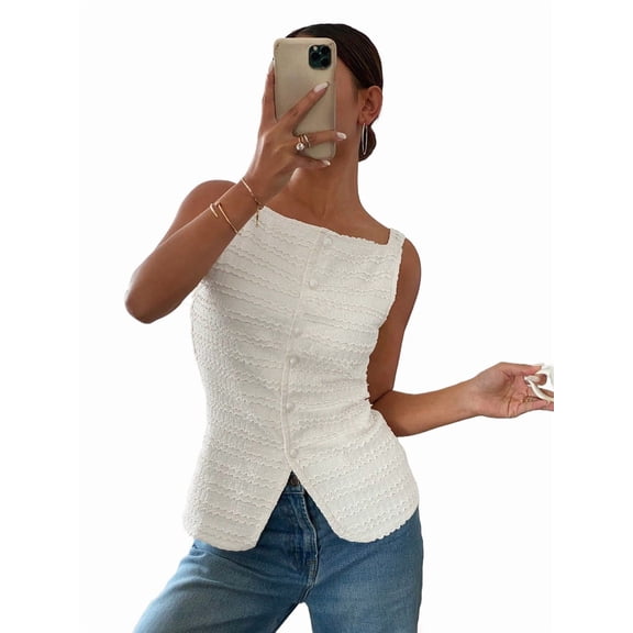 Womens Vest Top Trendy Button Up Tank Tops Asymmetrical Y2k Going Out Top White XL