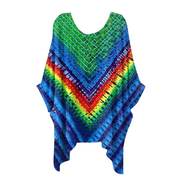 Dyegold Bell Sleeve Tops For Women Fashion Summer Irregular Hem Blouses Oversized Round Neck Printed Shirts Boho Cape Tops