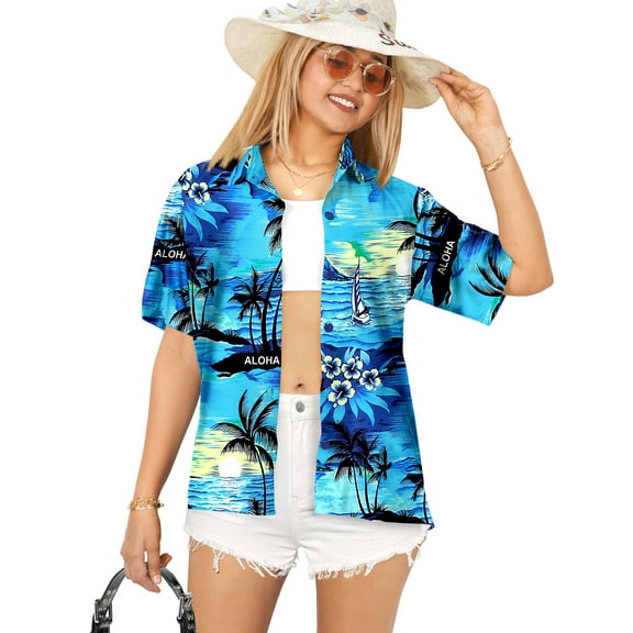 HAPPY BAY Hawaiian Shirts Womens Casual Summer Beach Party Short Sleeve Vacation Blouse Shirt Tropical Blouses Dress Shirts Dresses for Women XXL Beach, Blue