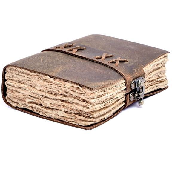 Leather Bound Vintage Journal for Women & Men - Book of Shadows - Lock Closure - 200 Pages of Antique Deckle Edges Handmade Paper - Rustic Brown Color - 7 X 5 inches