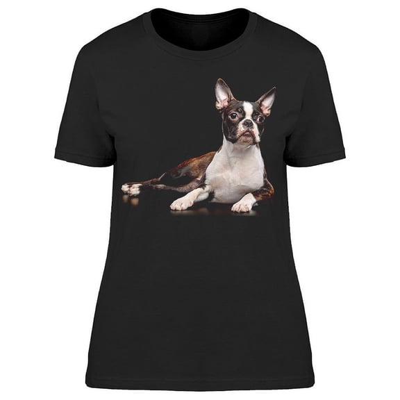 Boston Terrier Dog Lying On Legs T-Shirt Women -Image by Shutterstock, Female Small