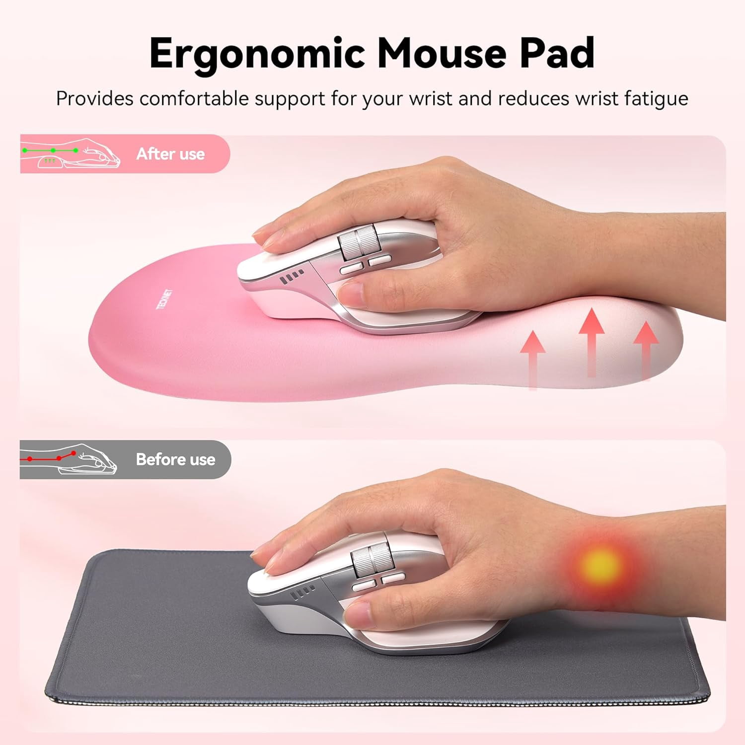 Ergonomic Mouse Pad with Wrist Rest, Memory Foam Mousepad with Wrist Support, Smooth Surface, Middle Concave & Non-Slip Base for Laptop/PC, Pain Relief for Home Office Gaming, Pink
