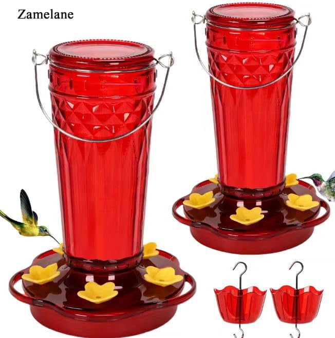 2 Pack Glass Hummingbird feeders for Outdoors 14Ounces，5 Feeding Ports Feeder,Wide Mouth Easy Filling/Cleaning，Hanging Garden Backyard Decor, Includes Ant Moat (Red，2Pack)