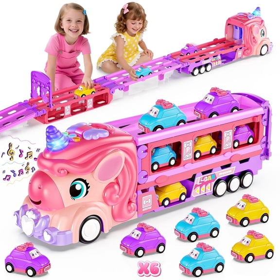 UUSUOO Unicorn Truck Toys for 3 -6 Years Old,7-In-1 Pink Unicorn Foldable Transport Carrier Truck with Lights and Music W/6 Princess Cars,Birthday Gifts for 3 4 5 6   Years Old Boys Girls