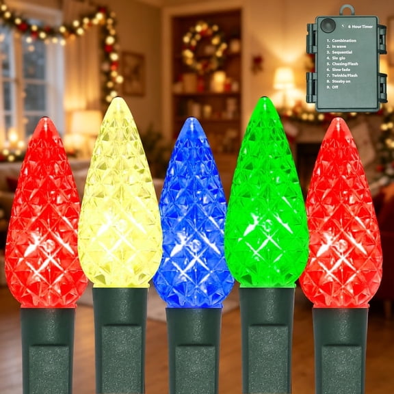 LAMPHOME C6 Battery Powered Christmas Lights, 50 LED 17FT String Lights with 8 Lighting Modes, Waterproof Decor Lights for Christmas Tree, Wreath, Garland & Home Decor, Multicolor