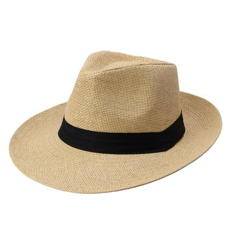 Men Women Panama Sun Straw Hat Contrast Ribbon Pinched Crown Rolled ...