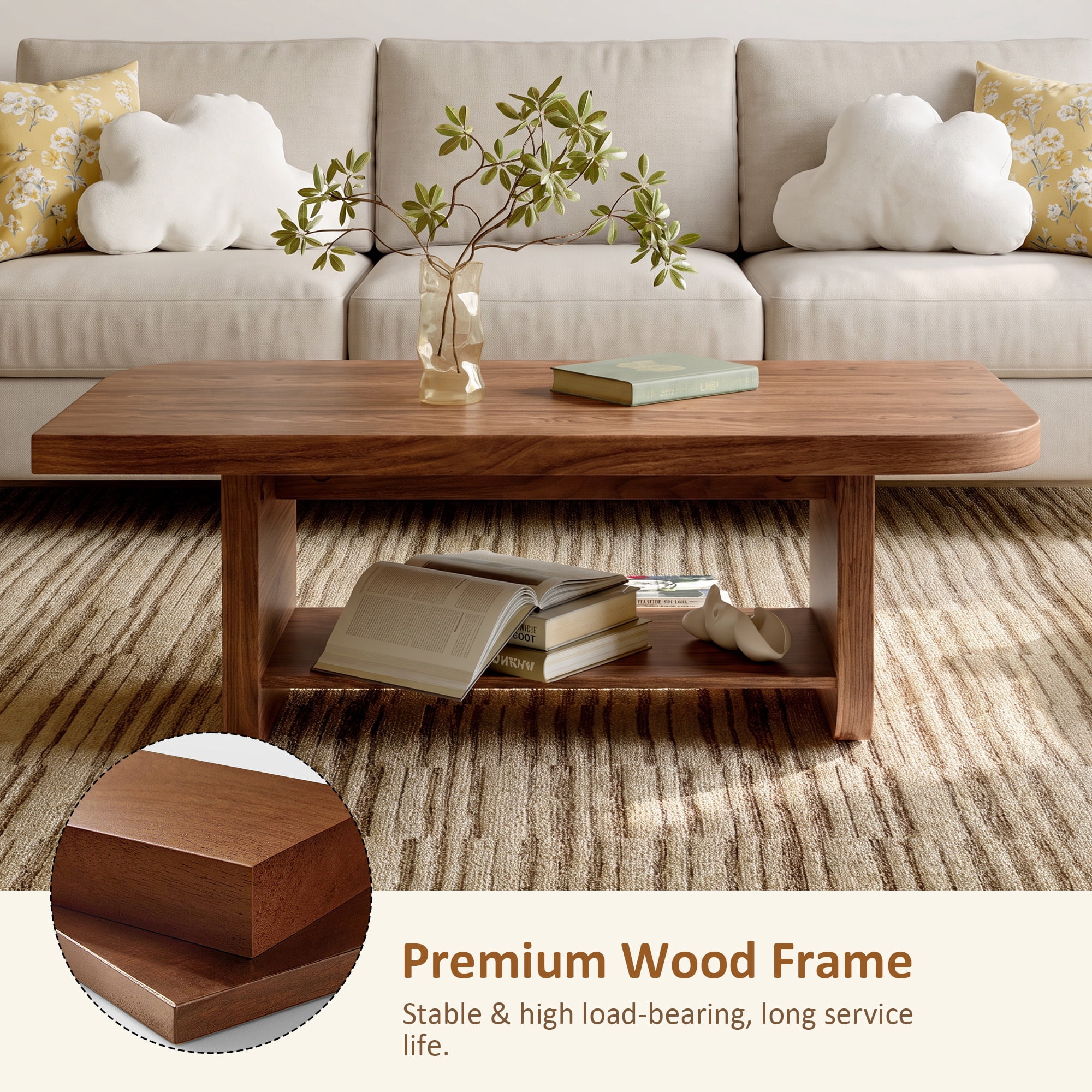Leumius Coffee Table with Lower Storage Shelf, Mid-Century Modern Living Room Table, Farmhouse Accent Furniture for Living Room, Large Spaces