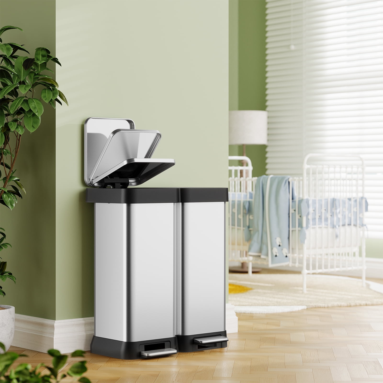 16 Gallon Trash Can with 2 Lids,Dual Compartment (2x30L) Stainless Steel Garbage Can,Fingerprint Resistant,Hands-Free Pedal,Step-On Garbage Can for Home, Office, or Kitchen(No Inner)
