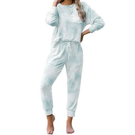 

Plnotme Womens Tie Dye Pajamas Set Long Sleeve Top with Front Pocket Sleepwear Trousers Soft Casual Loose Loungewear Pj Set S-XXL