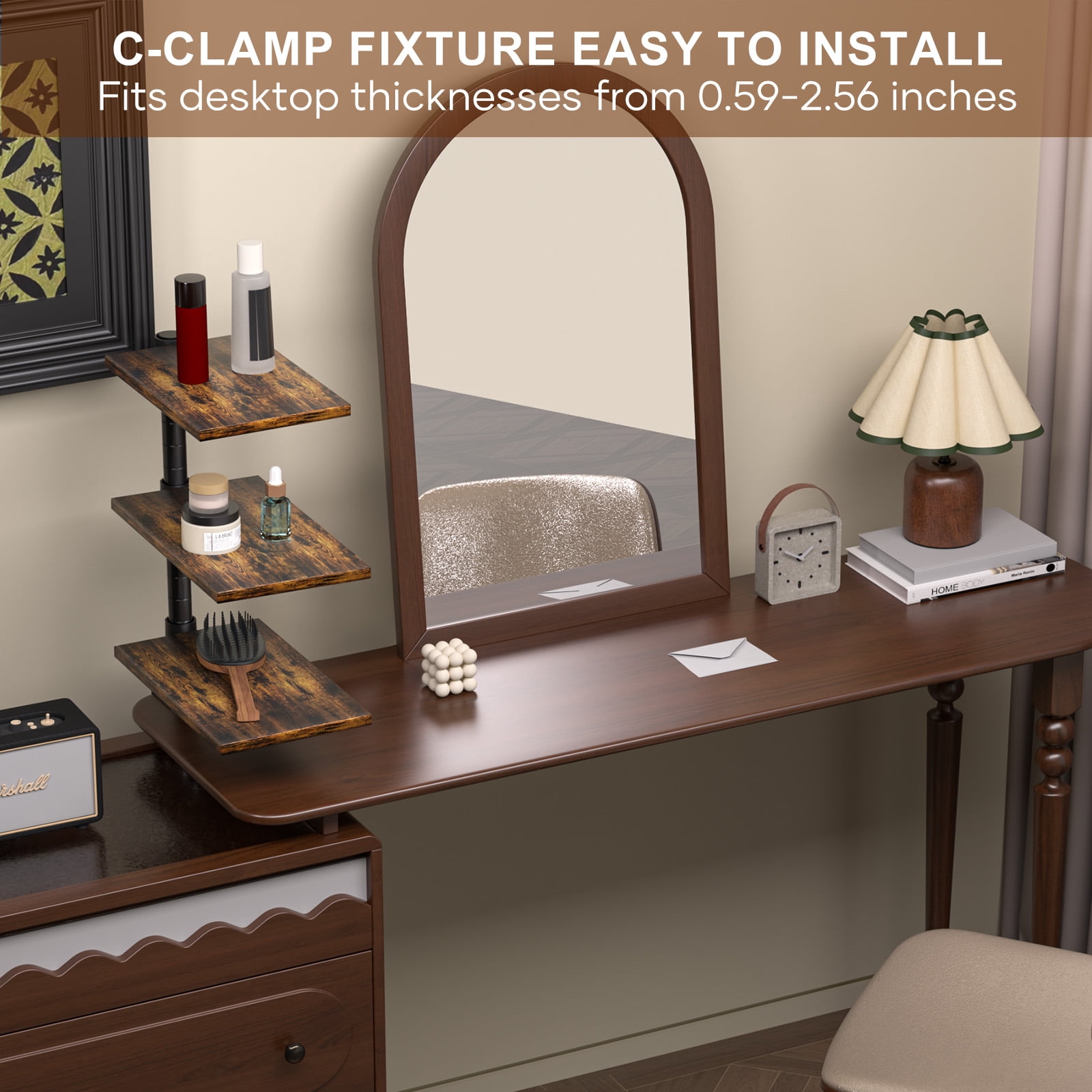 Clamp On Desk Shelf 3-Tier, 360° Adjustable Height Wood Shelving Unit for Office Desk Gaming Accessories, Rotatable Storage Tray, Desktop Book Organizer Storage Rack, Shelf for Desktop Decoration