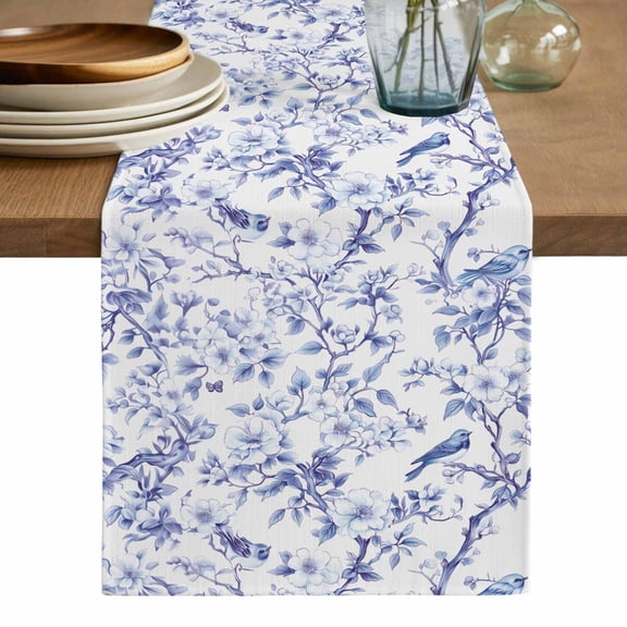 Blue Botanical Table Runner, Elegant Watercolor Botanical Birds Washable Cotton Linen Table Runners 48 Inches Long, Dresser Scarf Runner for Nightstand/Coffee/End Tables 13''x48''