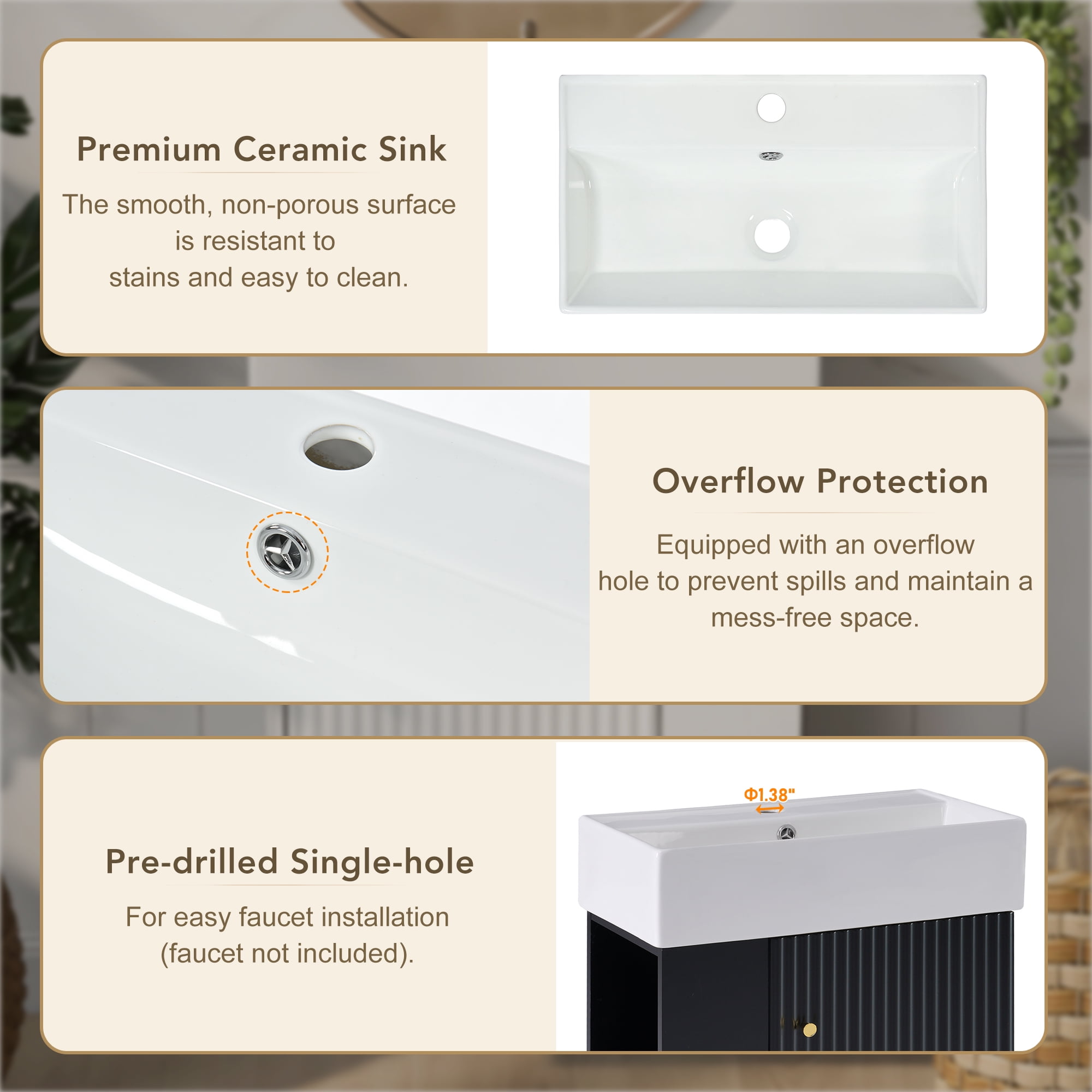 Euroco 21.6 inch Modern Floating Bathroom Vanity with Ceramic Basin - Perfect for Small Bathrooms, Left side storage