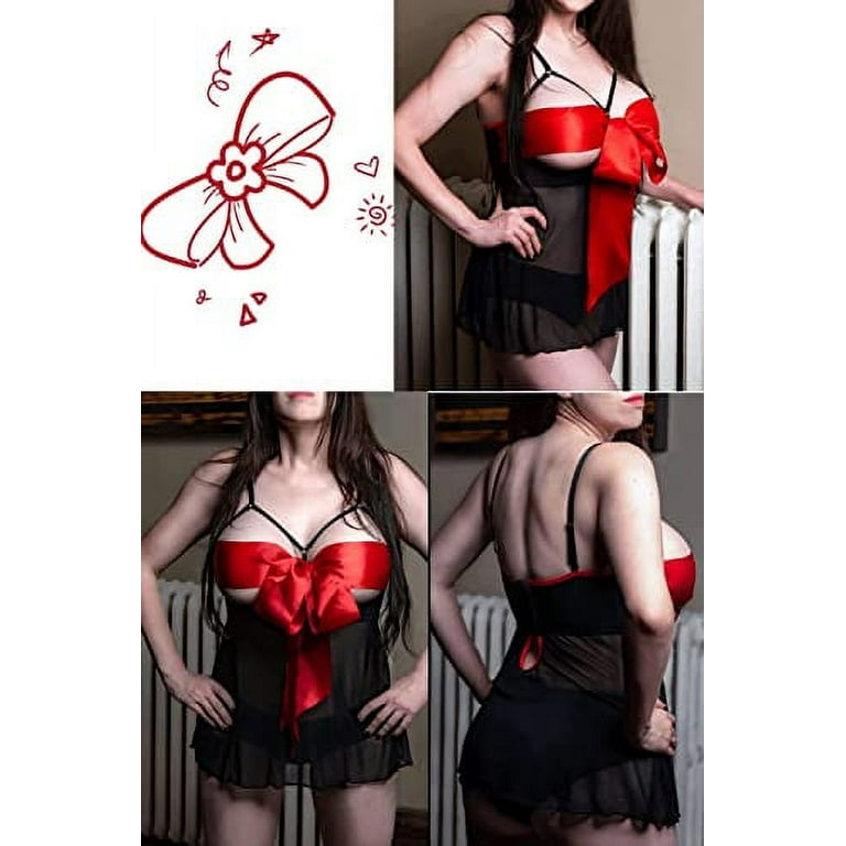 Ella Lust Plus Size Unwrap Me Lingerie - for Women Sexy Valentines Day Gift  for Him Red Open Bow Outfit Bra Panty Babydoll