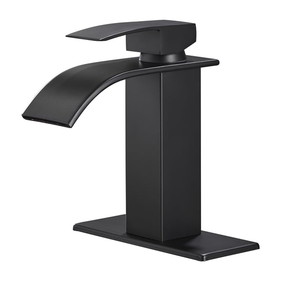 Cobbe Single Hole Low Arc Bathroom Faucet – Matte Black Waterfall Design with Deck Plate, 1-Handle