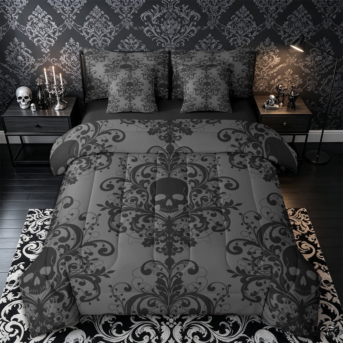 Castle Fairy Classic Damask Skull Full Size Bedding Sets 7 Pieces Floral Full Size Bed in a Bag Charcoal Black Black Reversible