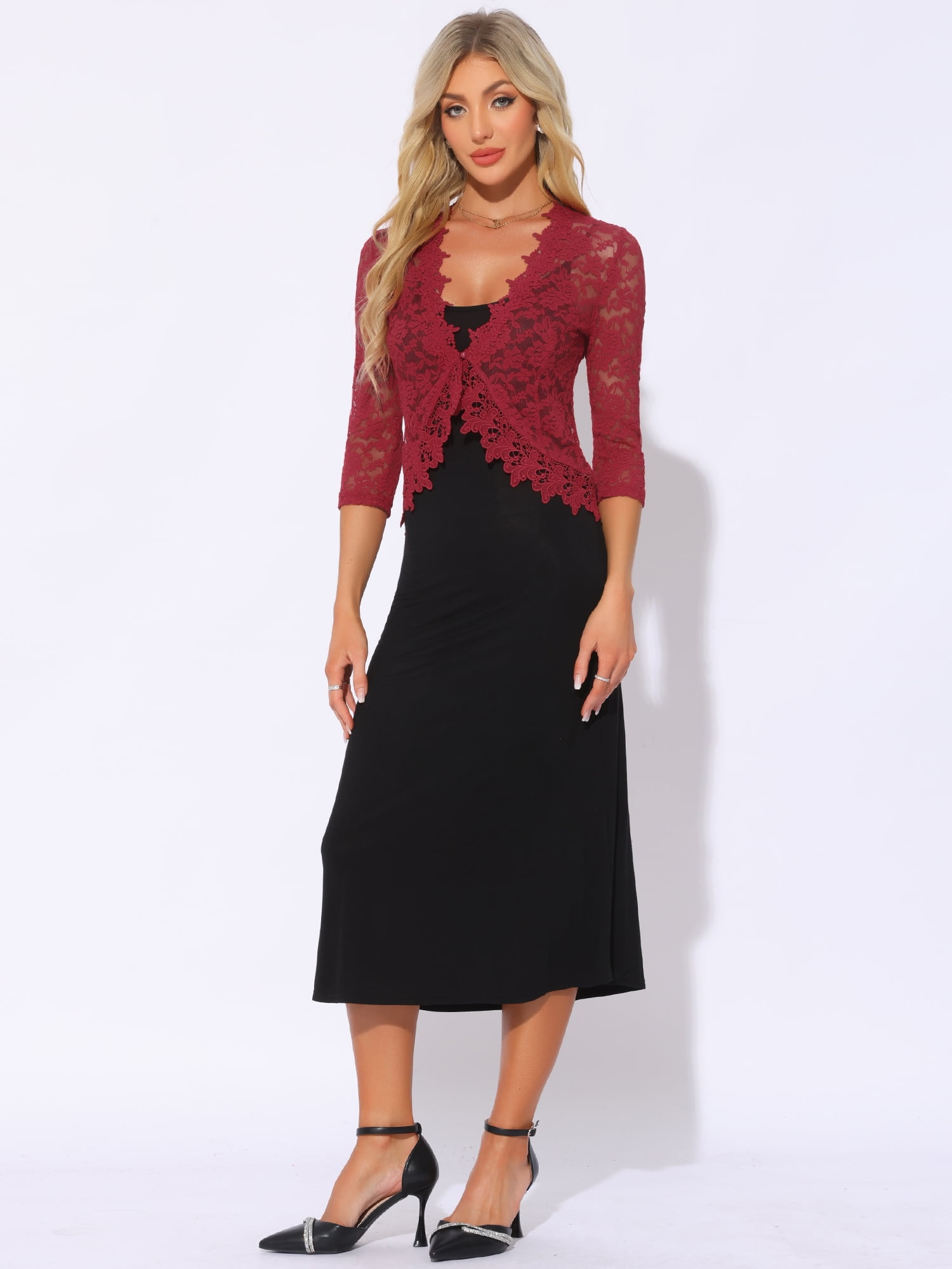 DARING DIVA Women's Floral Lace Shrugs Evening 3/4 Sleeves Formal Bolero Cardigan XL Dark Red