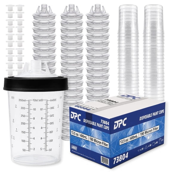 LAUCO Disposable Paint Spray Gun Cups Liners 400ml | 13.5oz |190 Micron with Lid System 50 Cup Liners, 50 Lids, 1 Hard Cup w/Retainer Ring and 20 Plugs - Compatible w/Original 1.0 System
