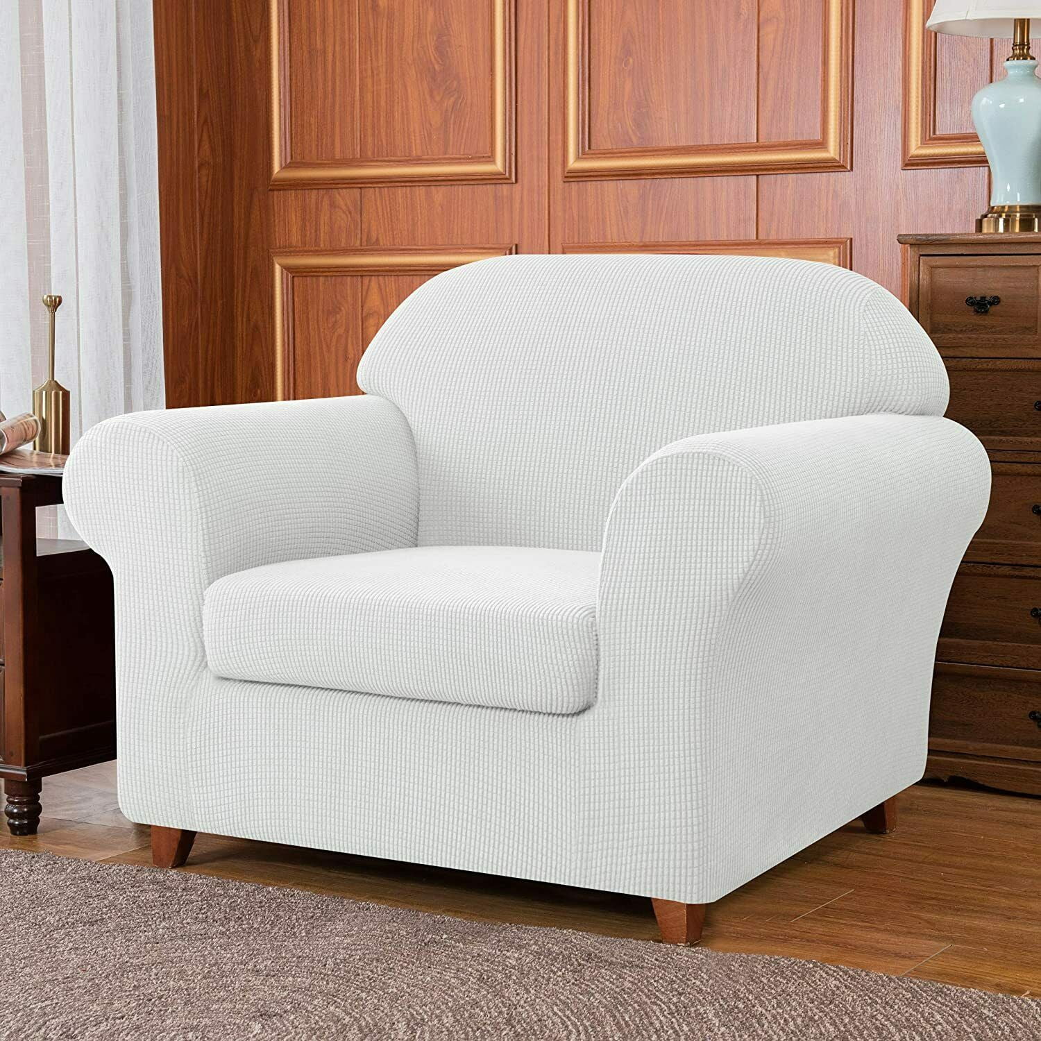 Subrtex Stretch 2-Piece Textured Grid Sofa Slipcover Jacquard Non Slip Couch Cover (Off-White, Armchair)
