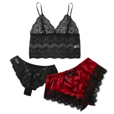 

Binmer Womens Shorts Plus Size Women Shorts Cleanrance V-Neck Eyelash Lace Sexy Stain Camisole Pajamas Bowknot Shorts Set