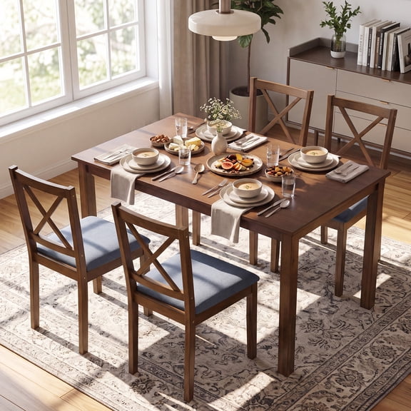 Costway 5-Piece Dining Set with Rectangular Table & Upholstered Chairs, Space-Saving Design