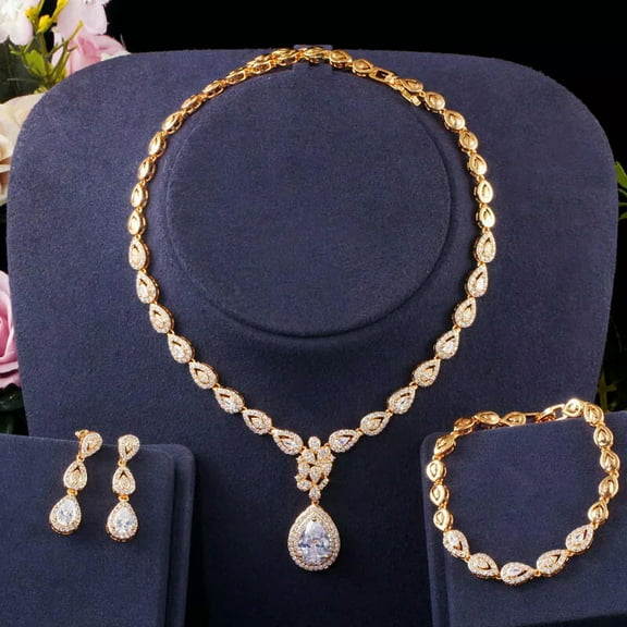 EOEMY 585 Gold Cz Earring Dangle Drop Necklace Bracelet Bridal Wedding Evening Jewelry