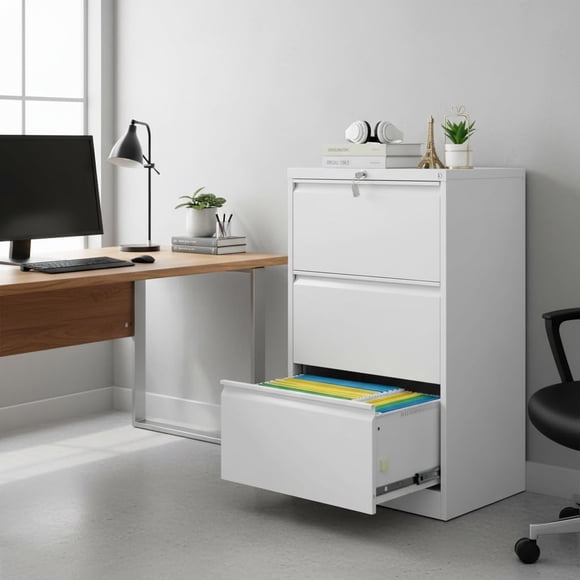 3 Drawer Lateral File Cabinet, Heavy Duty Metal Filing Cabinet with Locks for Home Office, White File Cabinets with Business Card Holder for Legal/Letter/f4/a4 Hanging Files