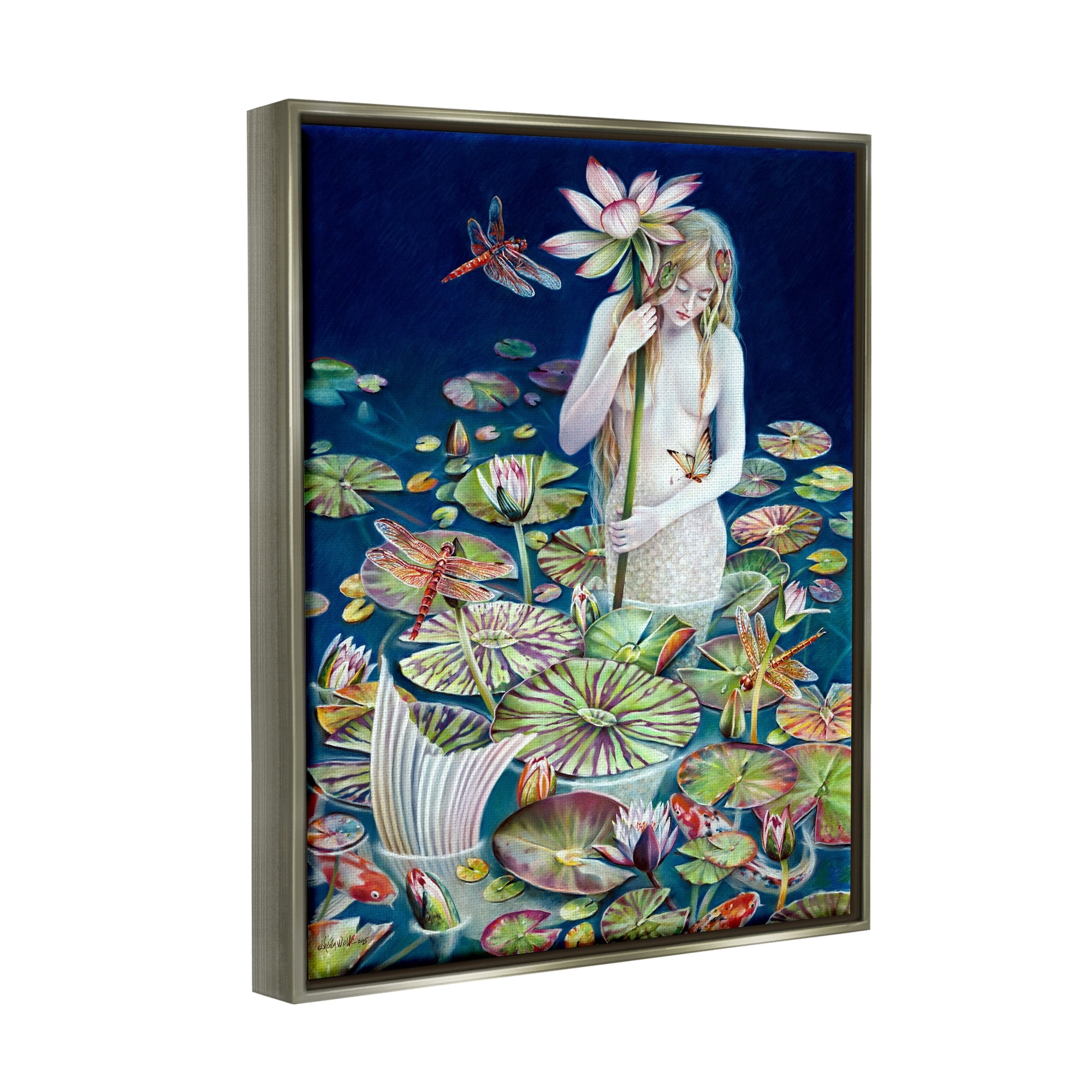 Stupell Industries Mermaid Among Water Lilies Floral Pond Woman Painting Luster Gray Floating Framed Canvas Print Wall Art, Design by Sheila Wolk
