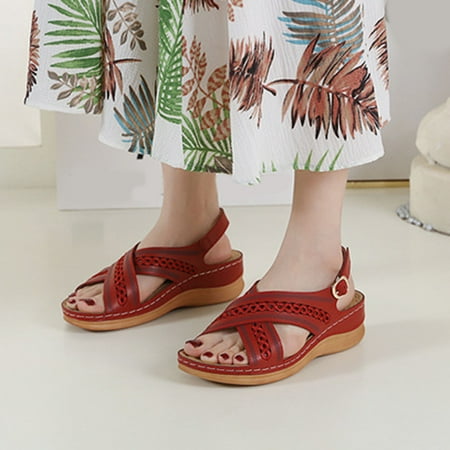 

XIAQUJ Women Sandals Fashion Summer New Pattern Simple Solid Color Buckle Strap Sandals Wedge Comfortable Casual Roman Sandals Sandals for Women Red 7(38)