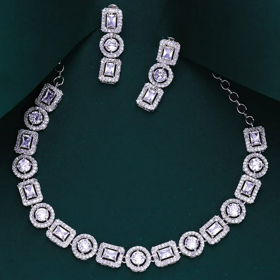 Parshwa Creations CZ AD Indian Women's Silver Plated Jewelry Choker Set, Rhinestone Crystal Drop Prom Party Accessories Wedding Bride Earrings Necklace Set