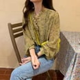 thumbnail image 2 of Camisa de mujer Blusa de gasa con estampado floral Top casual de manga larga abullonada, Amarillo, XL Yuarrent AP001298-04B, 2 of 7