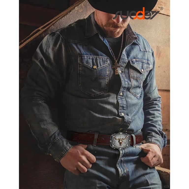SUOSDEY Cowboy Ratchet Belt, Western Leather Automatic Buckle photo 4