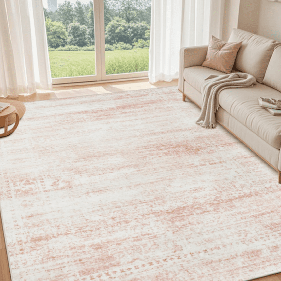 Washable Rugs 5x7 Area Rugs for Living Room,Bedroom,Dining Room- Ultra Soft Faux Wool Nursery Rug for Baby Girl,Neutral Light Pink Low Pile Vintage Carpets for Dorm Kids Playroom,Non Slip