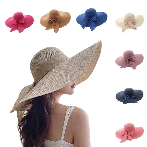 Big Straw Sun Hats for Women Floppy Foldable Roll up Beach Cap Sun Hat UPF 50 Vacation Honeymoon Hat Beige One Size