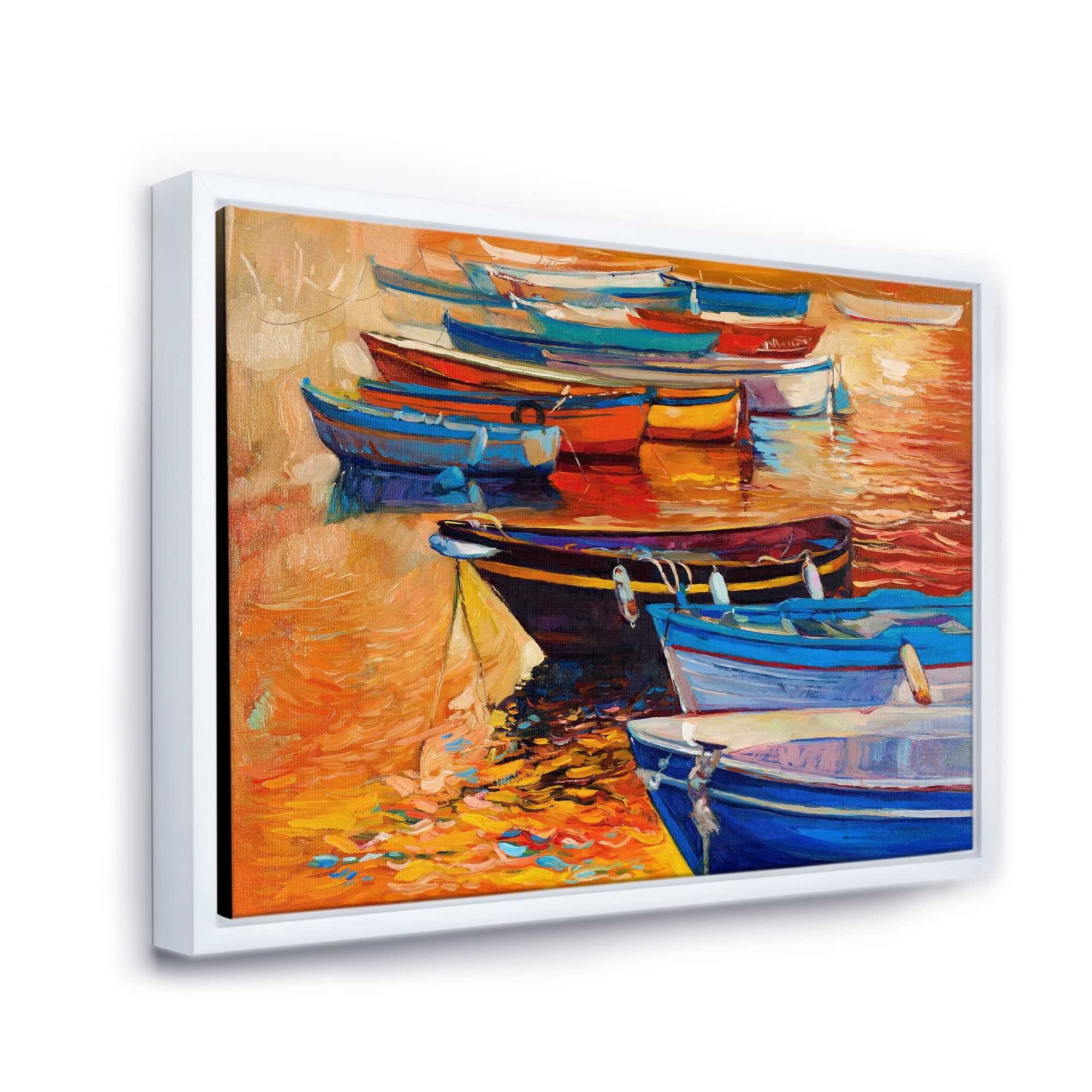 Designart 'Boats During Warm Colourd Sunset In The Harbor I' Nautical & Coastal Framed Canvas Wall Art Print