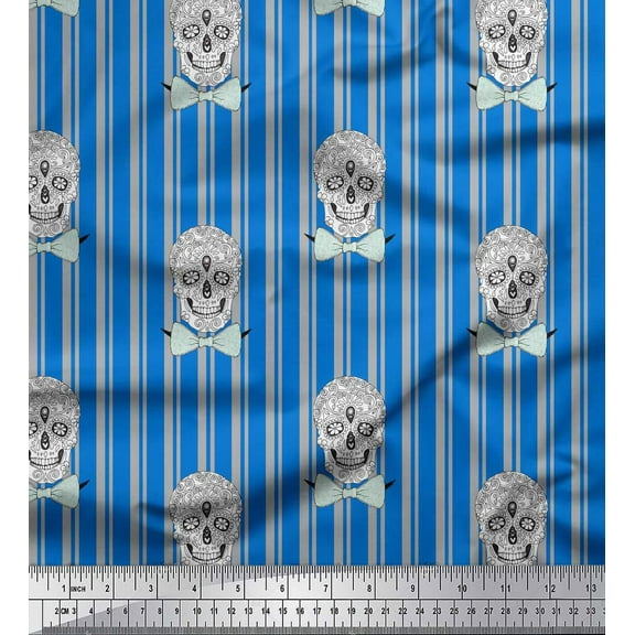 Soimoi Blue Cotton Duck Fabric Bow & Artistic Skull Stripe Print Sewing Fabric Yard 42 Inch Wide
