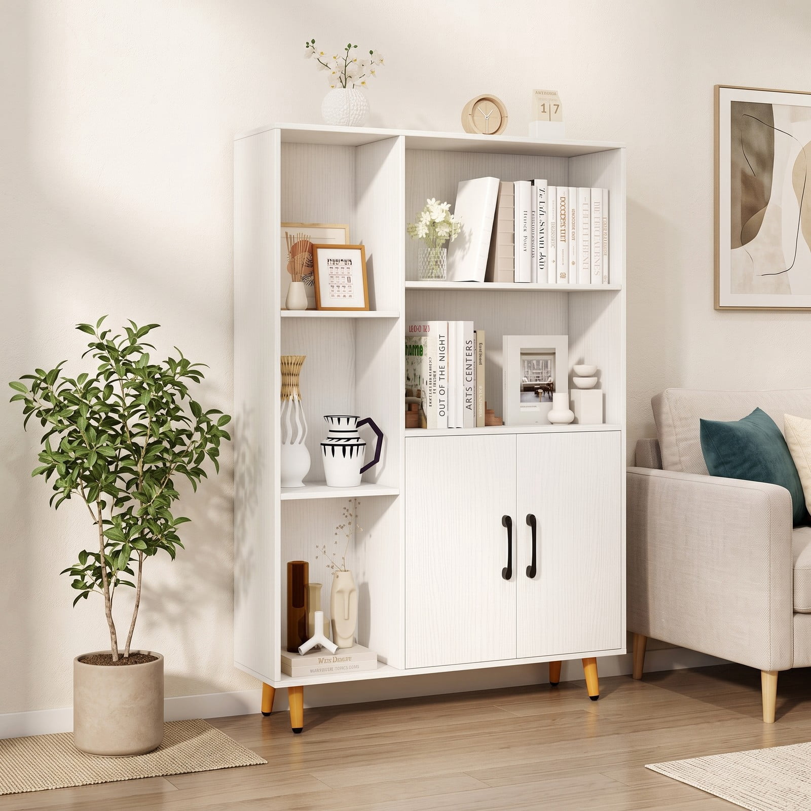 Furnibear Free Standing Pantry Cabinet with 2-Door Cabinet and 5 Open Shelves, Modern Storage Bookcase Organizer with Metal Legs for Kitchen Living Room Study, White