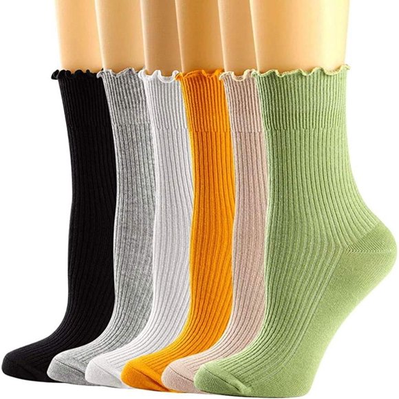 Minzimin Womens Socks, Ruffle Turn-Cuff Casual Crew Socks Breathable Cool Knit Cotton Lettuce Ankle Frilly Sock 6 Pack