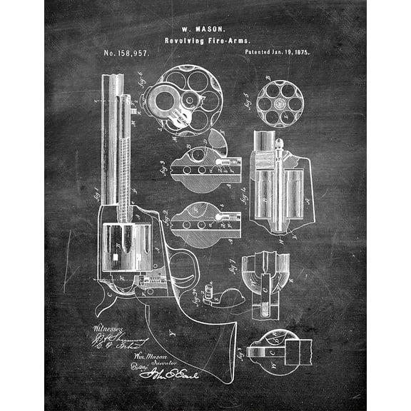 Original W Mason Revolver Artwork Submitted In 1875 - Guns - Patent Art Print