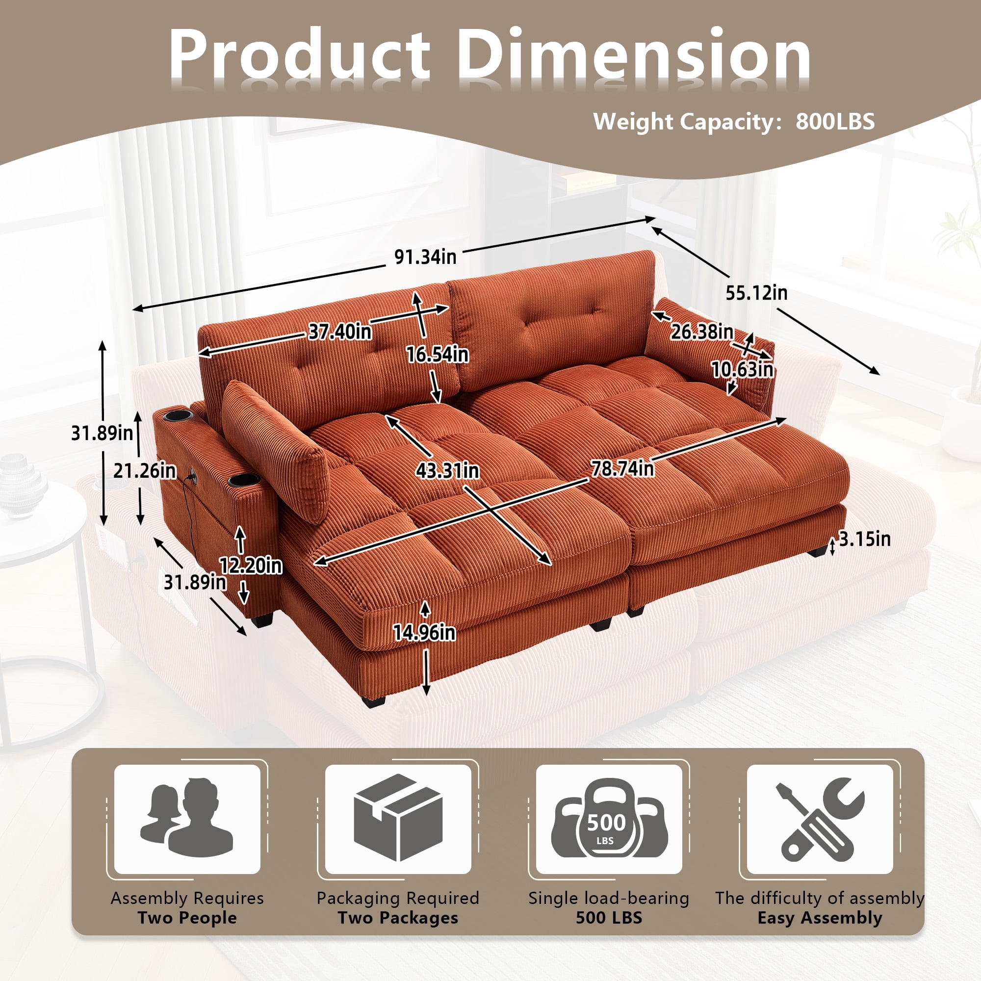 MOONMISS Corduroy Upholstered Soft Deep Seat Sleeper Loveseats Sofa with USB,Type-C&Cup Holders-Orange