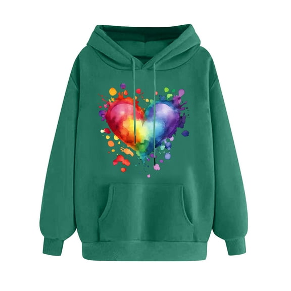 Hugs and Kisses Rainbow Love Hoodie for Women Valentines Fleece Sweatshirts Long Sleeve Loose Casual Sweatshirt with Pockets(Army Green,L)
