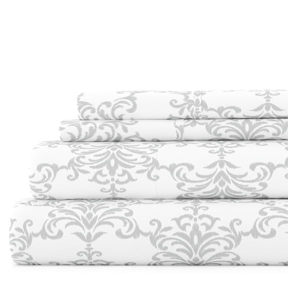 Noble Linens 4 Piece Pattern Microfiber Bed Sheets Set, Light Gray Soft Bouquet, California King