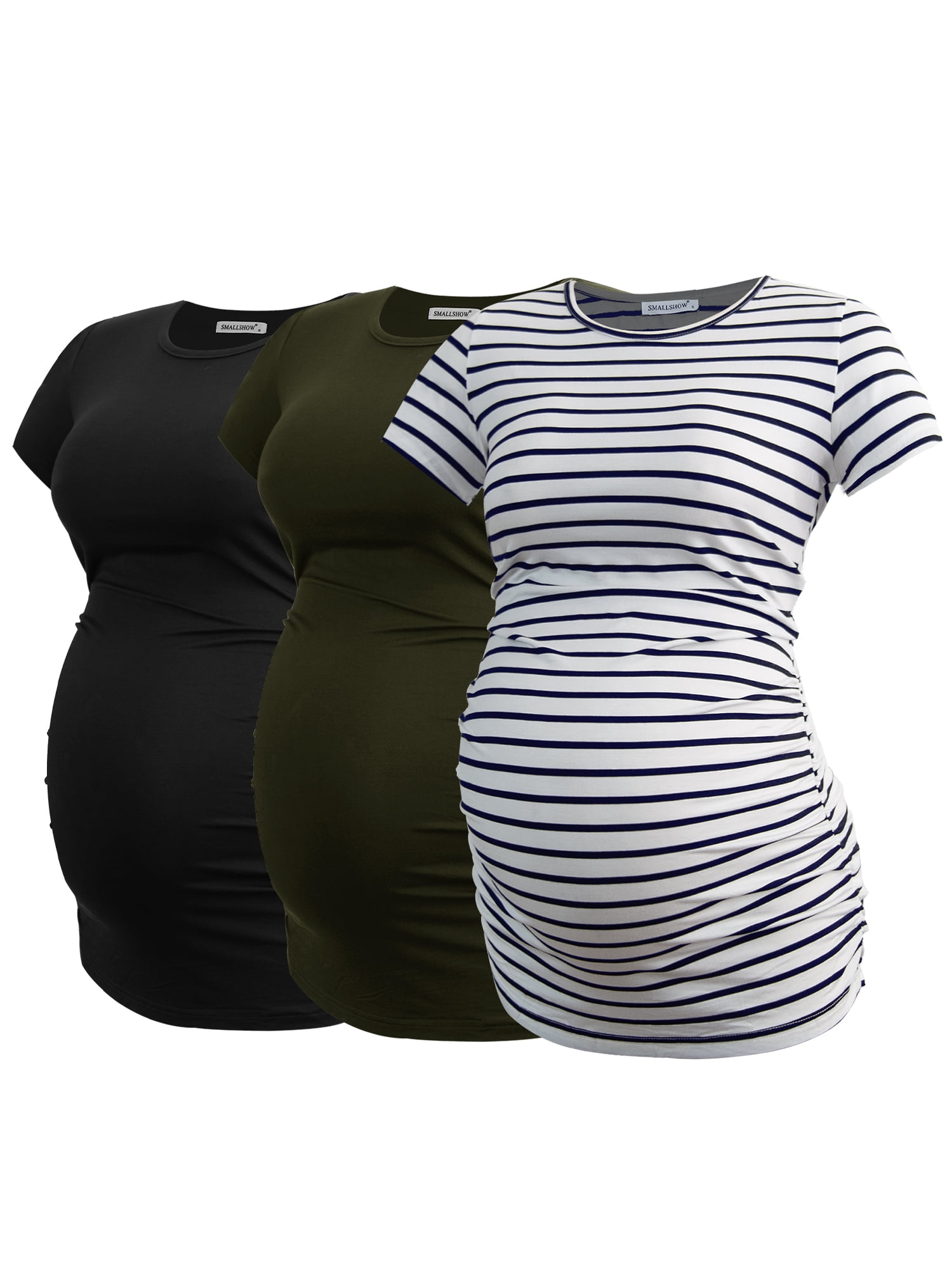 Smallshow Women's V Neck Maternity Shirt Side Ruched Tunic Pregnancy Short Sleeve Top Clothes 3-Pack