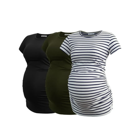 

Smallshow Women s Short Sleeve Maternity T Shirts Side Ruched Pregnancy Tunic 3-Pack
