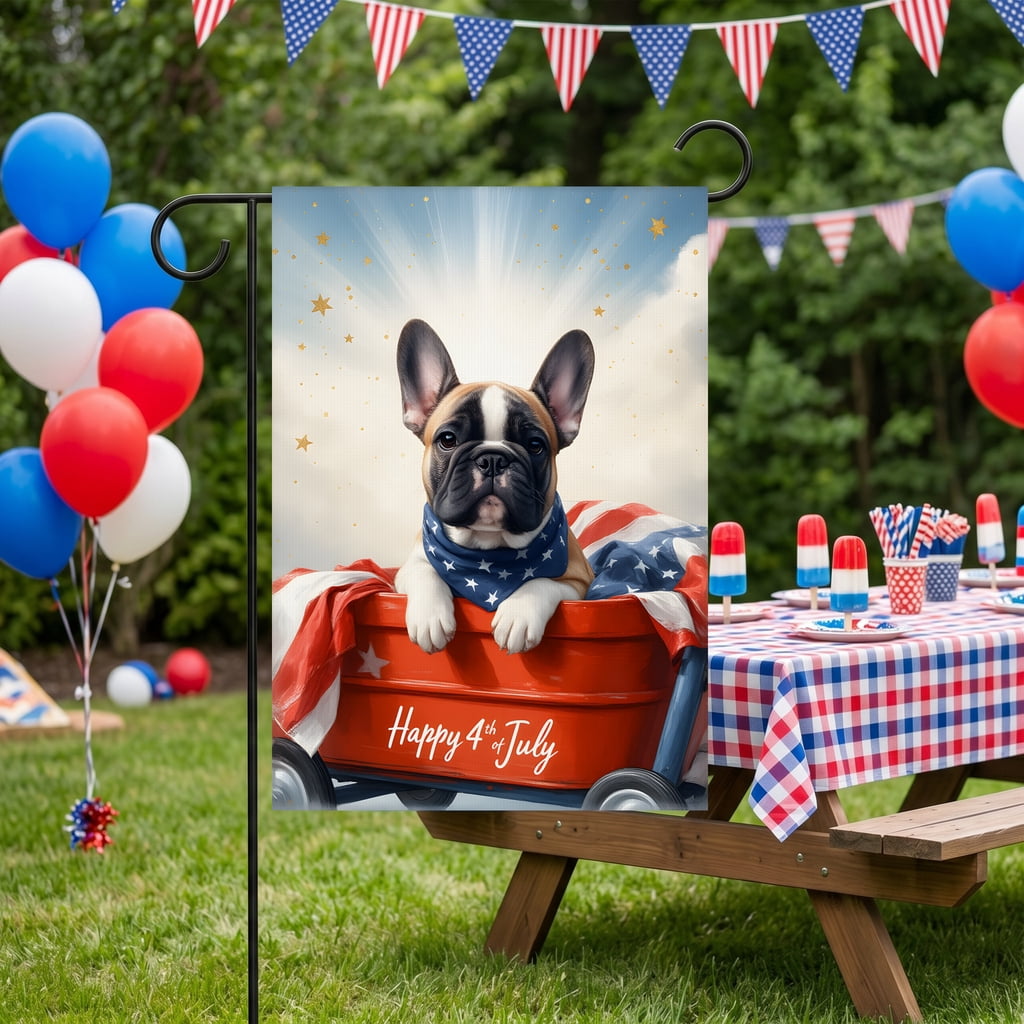 250 years american garden flag A french bulldog sitting in a red wagon with an American flag. Happy 4th July usa 250th anniversary ornament 28x40in House Flag Size patriotic yard decorations
