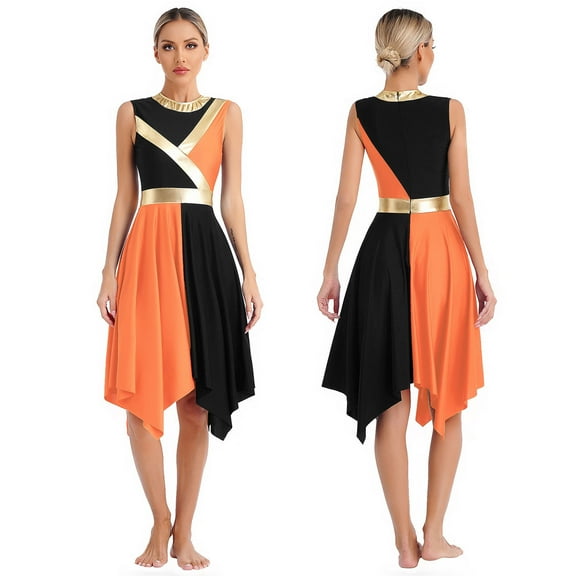 Aiihoo Women's Praise Dance Dress Tunic Lyrical Worship Dance Dress Church Prom Party Black&Orange L