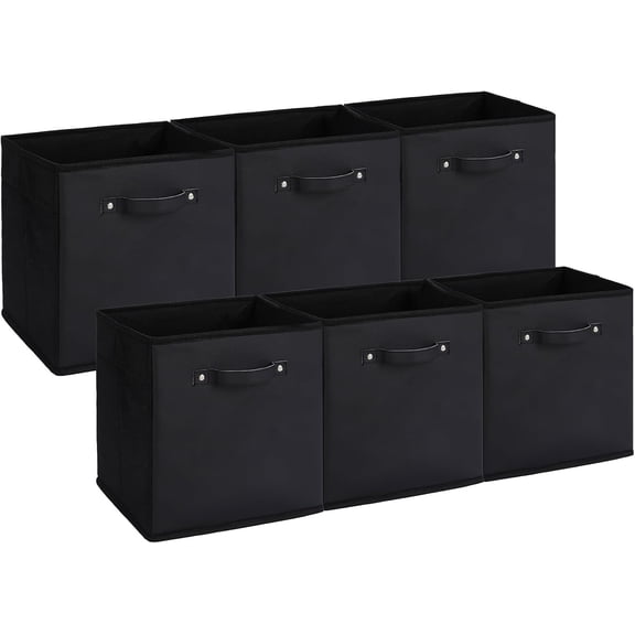 6 Pack Fabric Storage Cubes, 11 Inch Collapsible Organizer Bins with Faux Leather Handles, Closet and Shelf Storage Boxes for Clothes Toys, Black