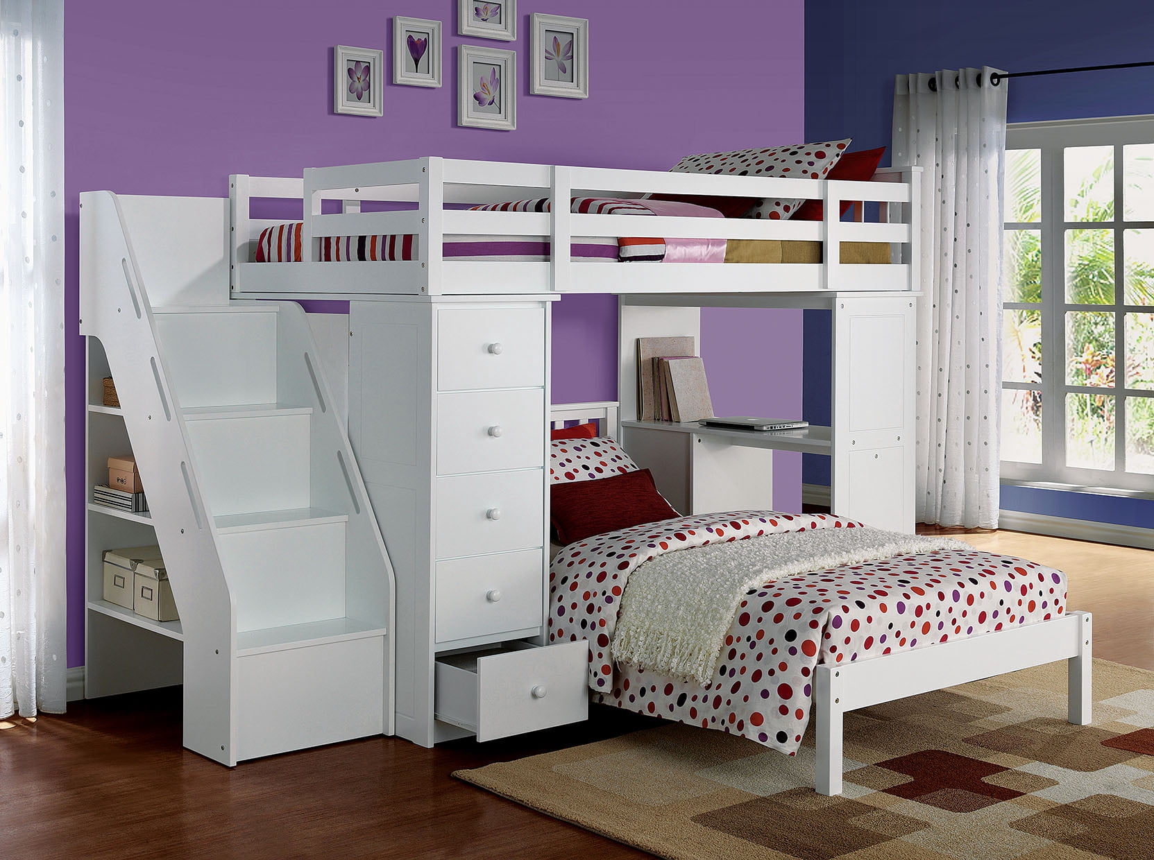 HomeRoots Decor 79-inch X 42-inch X 66-inch White Solid Wood Loft Bed And Bookshelf Ladder