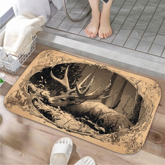 1pc A Deer Lying in the Woods Absorbent Non-Slip Bathroom Thickened Flannel Rug Decor,Soft,Quick Drying,Suitable For Indoor/outdoor Use,Bathrooms,Bedrooms,Kitchens,Terrace,Laundry Rooms,16"x24"