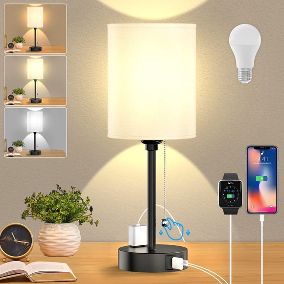 JSXing - Lámpara De Dormitorio, Lámpara De Mesilla De Noche Con Usb C Y A Puertos, Tirar De La Cadena Lámpara De Mesa Con Toma De Ca, Blanco Lámpara De Mesi
